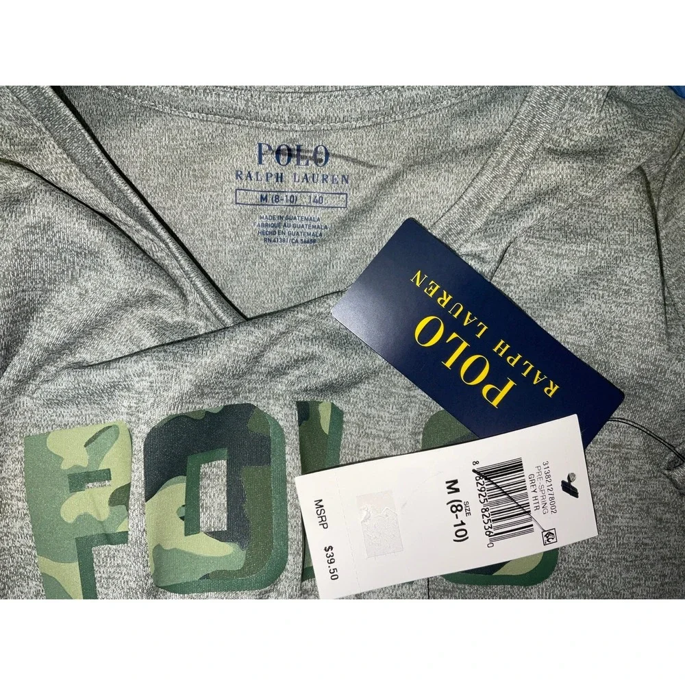 NWT Youth Polo‎ Ralph Lauren Gray Heather w/ Green Camo POLO Logo T-Shirt 8-10